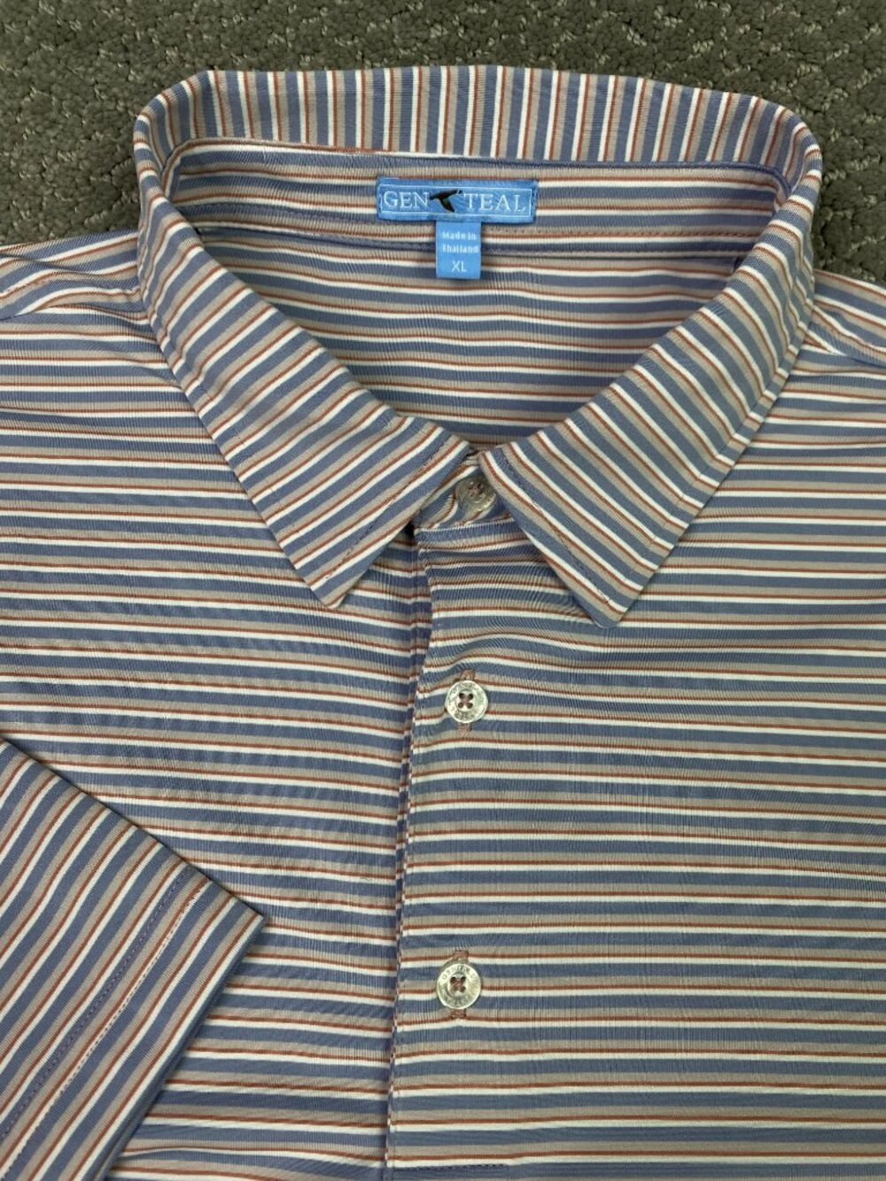 Genteal Polo Shirt Mens XL Slate Blue White Tan Striped Performance Golf Stripe